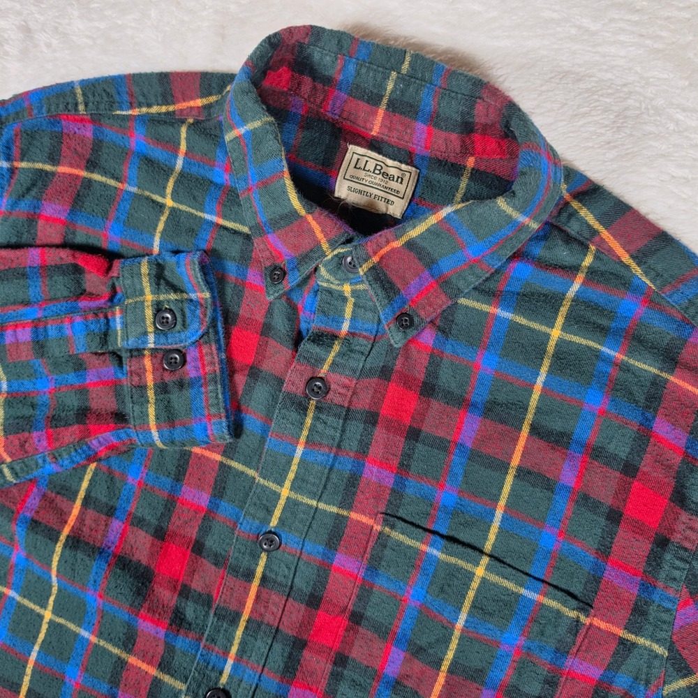 L.L. Bean Slightly Fitted Men L Green Multi Plaid L/S Flannel Button Up Shirt